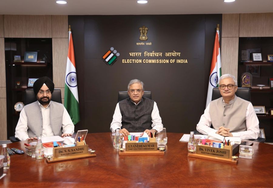 Chief Election Commissioner Gyanesh Kumar with Election Commissioners Sukhbir Singh Sandhu and Vivek Joshi during an Election Commission meeting at Nirvachan Sadan in New Delhi on September 26, 2026. (Photo: IANS)