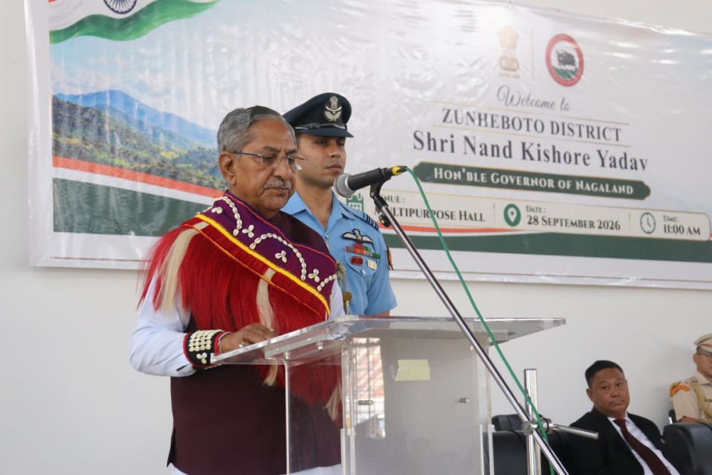 Nagaland Governor Nand Kishore Yadav addressing officials at the Multipurpose Hall in Zunheboto on September 28.