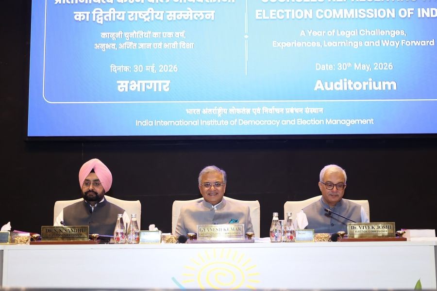 Chief Election Commissioner Gyanesh Kumar, along with Election Commissioners Sukhbir Singh Sandhu and Vivek Joshi, interacts with counsels from across the country during the 2nd National Conference of Counsels representing the Election Commission of India at the India International Institute of Democracy and Election Management (IIIDEM) in New Delhi on May 30, 2026. (Photo: IANS/X/@ECISVEEP)