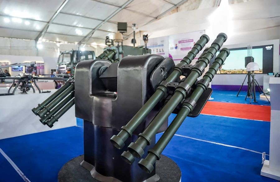 An advanced remote-controlled weapon system on display during the foundation stone laying ceremony of the Adani Defence and Aerospace manufacturing plant, in Shivpuri, Madhya Pradesh, on July 05, 2026. (Photo: IANS/X/@Industryminist1)