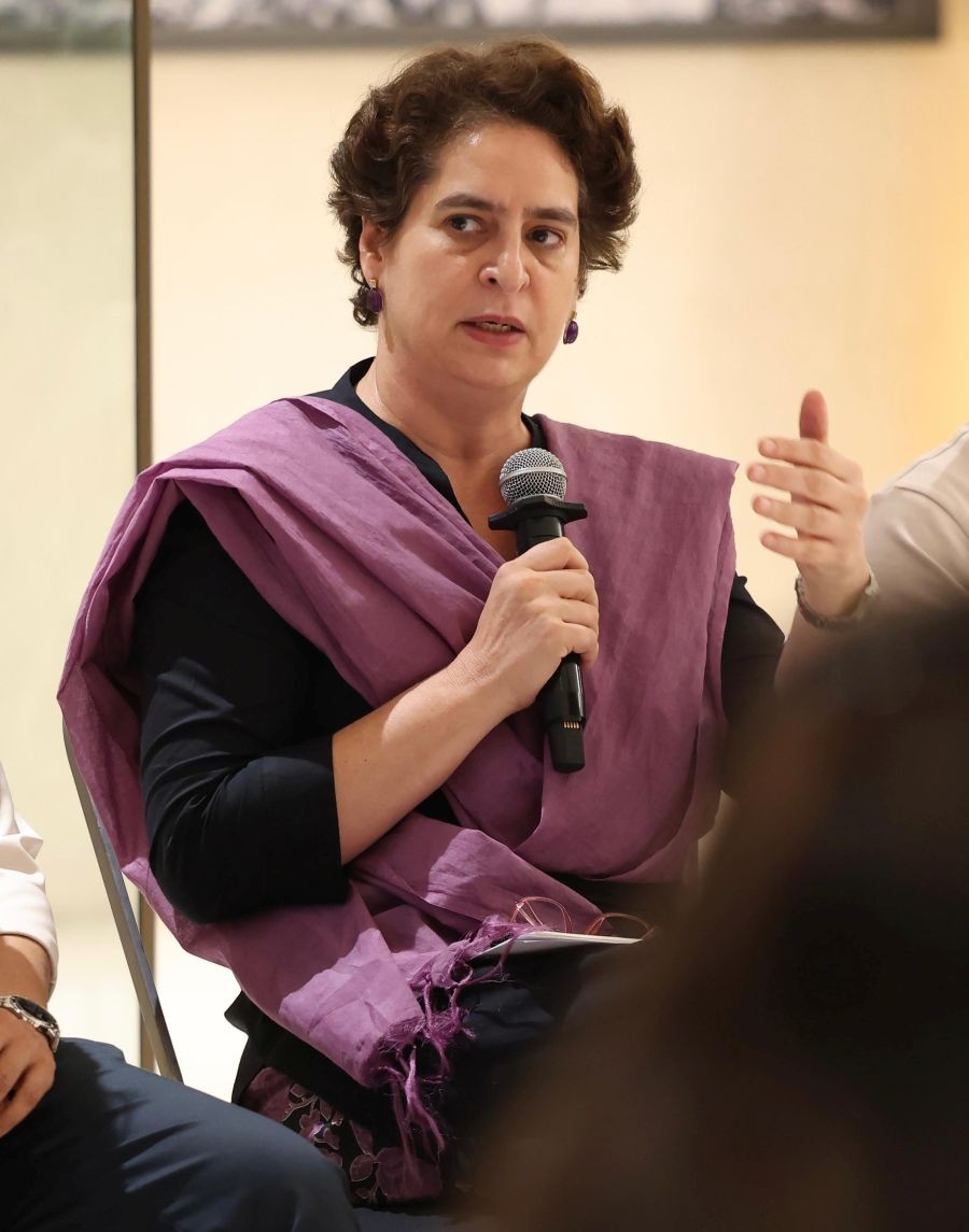 Congress MP Priyanka Gandhi Vadra interacts with the Dr Manmohan Singh Fellows of the All India Professionals’ Congress (AIPC) at Indira Bhawan in New Delhi on September 15, 2026. (Photo: IANS/AICC)