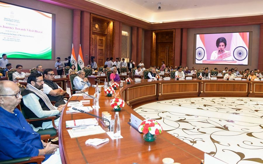 Union Minister for Finance and Corporate Affairs Nirmala Sitharaman with economist N.K. Singh, Haryana Chief Minister Nayab Singh Saini, Assam Chief Minister Himanta Biswa Sarma, Goa Chief Minister Pramod Sawant, Kerala Chief Minister V.D. Satheesan, Meghalaya Chief Minister Conrad Sangma and Delhi Chief Minister Rekha Gupta during the conference of State Finance Ministers and Finance Secretaries of States and Union Territories on “Financing India’s Journey towards Viksit Bharat” in New Delhi on September 18, 2026. (Photo: IANS/X/@NayabSainiBJP)