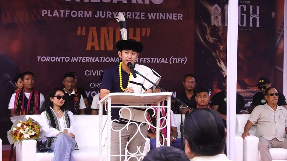 Theja Rio addressing the reception organised by the Angami Youth Organisation (AYO) at Cargo Terminal Area, Airport, Chümoukedima on September 29. (Morung Photo)