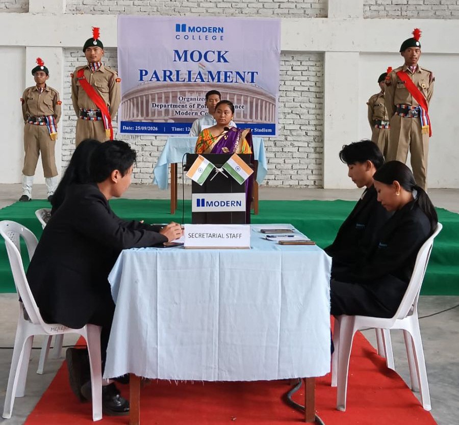 A student speaker addresses participants during a Mock Parliament event organised by the Department of Political Science, Modern College, held on September 25.