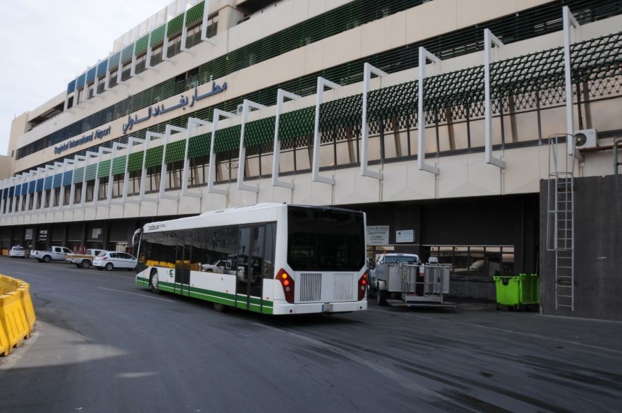 Photo taken on Oct. 16, 2014 shows a shuttle bus at Baghdad International Airport in Baghdad, Iraq. (Xinhua/Shang Le/IANS File Photo)