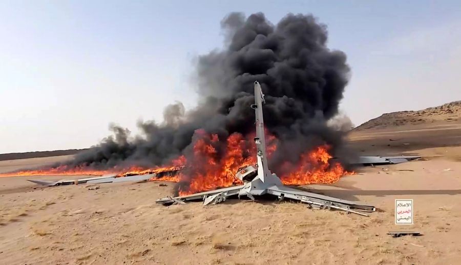 A drone is on fire after it was shot down in Al-Jawf province, Yemen, July 26, 2026. Yemen's Houthi group claimed Sunday it has shot down a Saudi-operated reconnaissance drone over the northern province of Al-Jawf. (Xinhua via IANS File Photo)