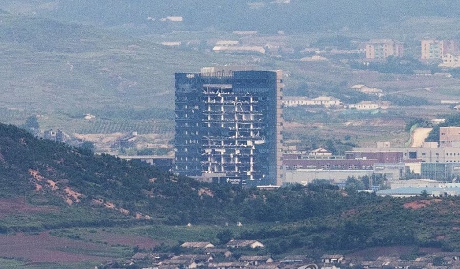 This file photo, taken from the South Korean border city of Paju on July 1, 2020, shows the demolished inter-Korean liaison office in the North Korean border town of Kaesong after the North blew up the building on June 16 that year. (Yonhap/IANS)