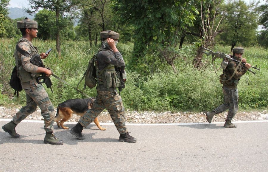 Security personnel conduct search operations after one of the three militants who had fired at two persons on the Jammu-Srinagar highway in Udhampur district before escaping, was killed, in Jammu and Kashmir's Reasi district on Sept 13, 2018. (IANS File Photo)