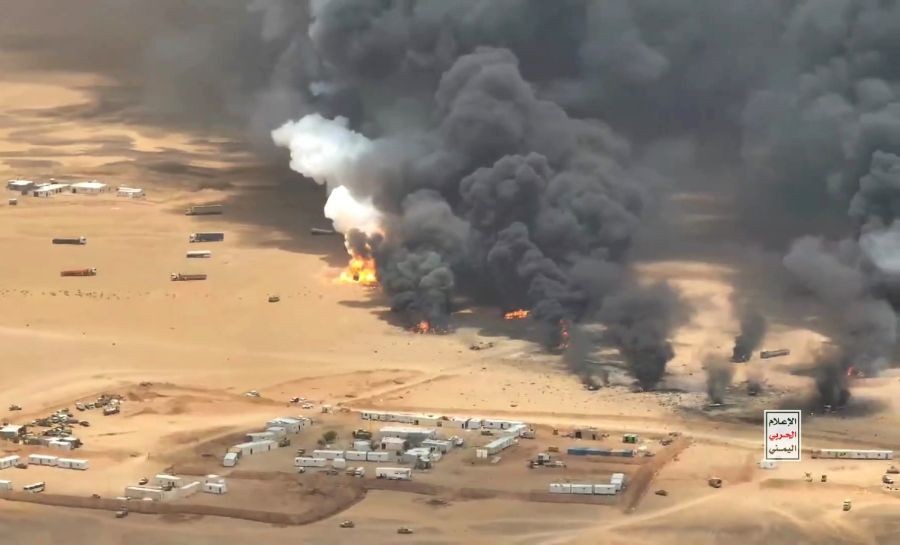 A screenshot shows trucks burning after they were targeted by ballistic missiles launched by Houthi group near Al-Wadiah military camp in Hadramout province, Yemen on Sept. 7, 2026. Yemen's Houthi group said Monday that it had carried out a ballistic missile strike on trucks it claimed were transporting military equipment from Saudi Arabia to the Al-Wadiah military camp in Yemen's government-controlled southeastern province of Hadramout. (Photo: Xinhua via IANS)