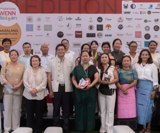 MLA and Advisor for Agriculture Mhathung Yanthan with member of Women Entrepreneurs Network Nagaland and others at Agri Expo on October 15. (Morung Photo)