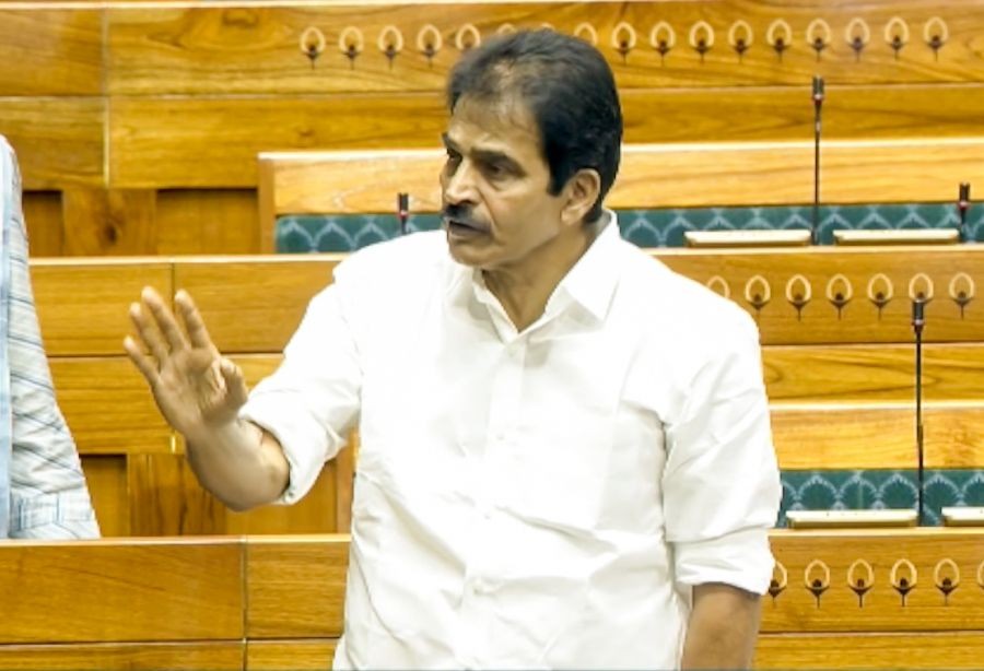 Congress MP KC Venugopal speaks in the Lok Sabha during the budget session of Parliament in New Delhi on March 16, 2025. (Photo: IANS/Video Grab/Sansad TV)