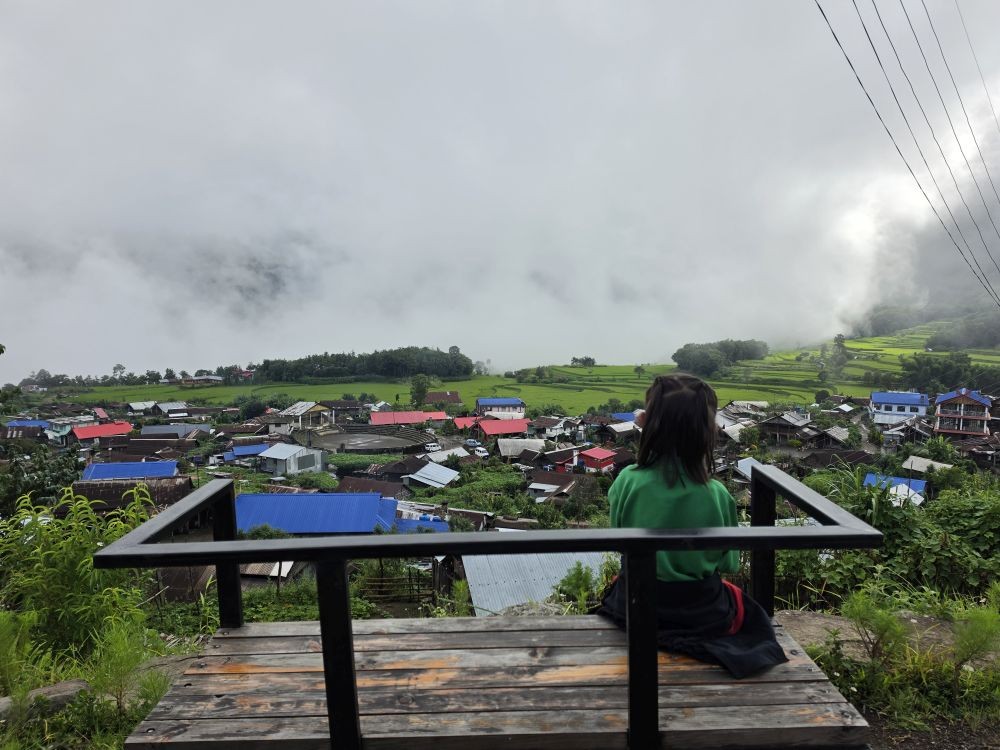 A school girl enjoys the view of the lush green fields in Zhavame village under Phek district.