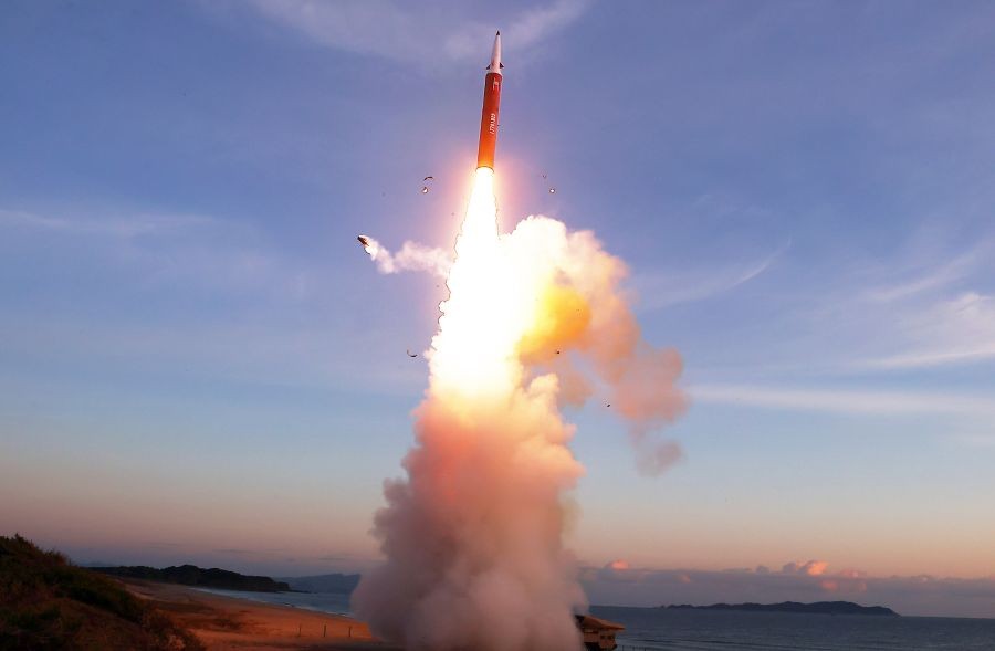 N Korea conducts hypersonic missile launch. This photo, carried by North Korea's official Korean Central News Agency on Oct. 4, 2026, shows the North firing an intermediate-range strategic missile the previous day, overseen by its leader Kim Jong-un. (Yonhap via IANS)