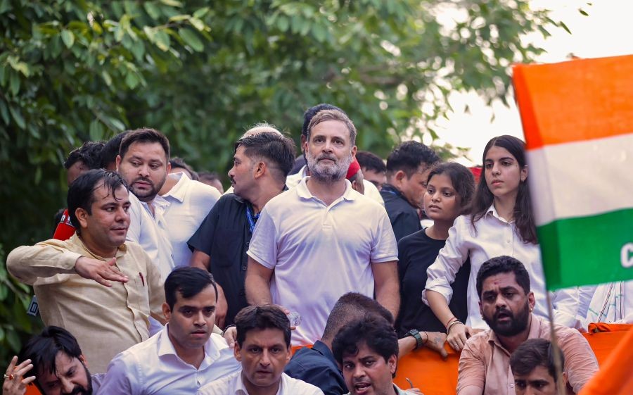 Leader of Opposition in the Lok Sabha Rahul Gandhi participates in the INDIA bloc's march to the Supreme Court demanding the resignation of Chief Election Commissioner Gyanesh Kumar over the Special Intensive Revision (SIR) of electoral rolls in New Delhi on October 12, 2026. (Photo: IANS/AICC)
