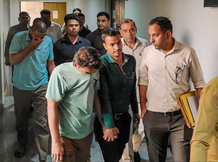 The Central Bureau of Investigation (CBI) produces five accused Shubham Khairnar from Nashik, Mangilal Biwal, Vikas Biwal and Dinesh Biwal from Jaipur, and Yash Yadav from Gurugram before the Rouse Avenue Court in connection with the alleged NEET-UG 2026 paper leak case, in New Delhi on May 14, 2026. (Photo: IANS)