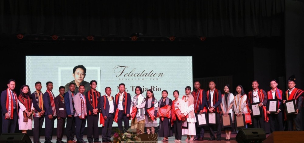 The Director, Cast and Crew of ANGH during the felicitation programme held in honour of Theja Rio, at the State Banquet Hall, CMRC Kohima on September 30. (DIPR Photo)