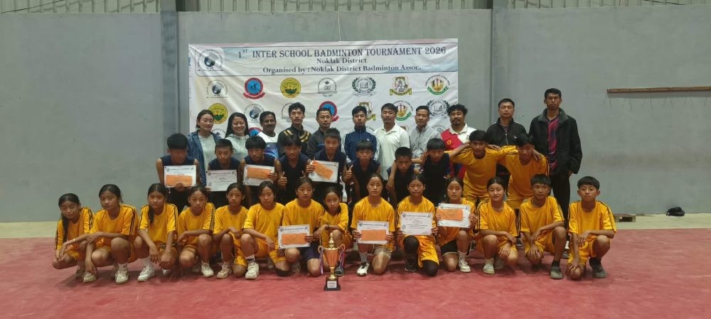 Officials along with the winners of the inaugural Inter-School Badminton Tournament held at the Multipurpose Indoor Stadium in Noklak on October 3.