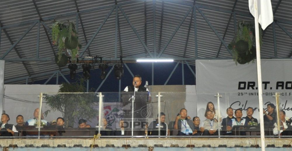 Advisor for IPR and Soil and Water Conservation, Daochir I Imchen addresses the gathering during the second football semi-final match of the ongoing 25th Dr T Ao Trophy held at Renpo Lu Sports Complex, Ungma in Mokokchung on October 27.