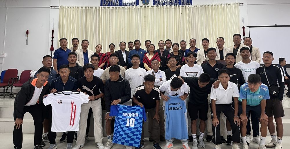 Officials and players of WDFA pose for a photo during the launch of the Wokha district football team, jersey and the association’s anthem at Lotha Hoho Ki in Wokha on October 9.