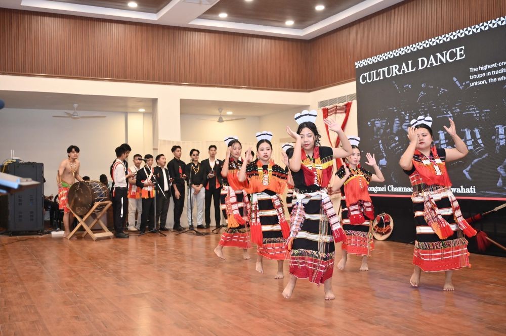 Performers in traditional attire showcasing a cultural dance during the 8th Cultural-cum-Freshers’ Meet 2026 held at the Railway Community Hall, Goshala, Maligaon, Guwahati on October 2.