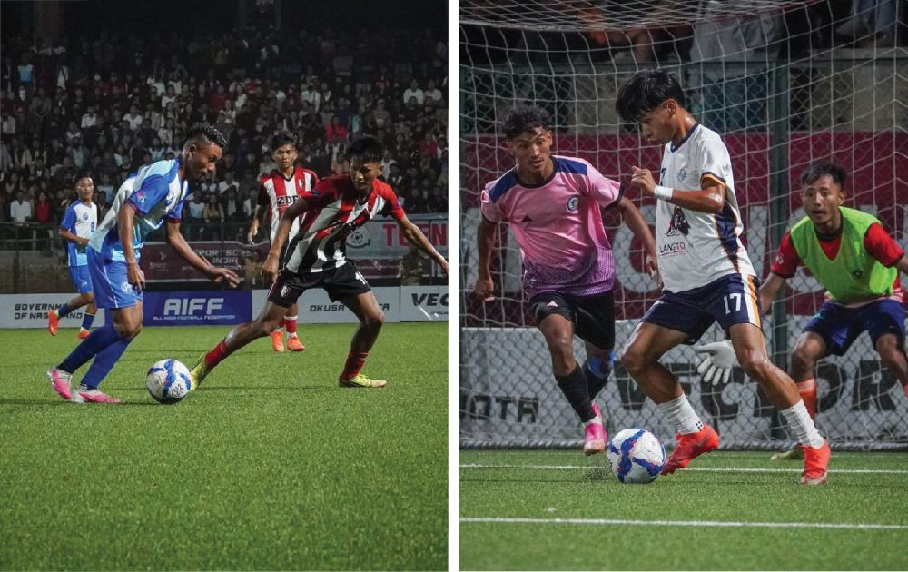 (Left) Tuensang player (in blue) vie for the ball with ZDFA player in the second semifinal match on October 27. (Right) Mon player (white) in action during the first semifinals football match of the 25th Dr T Ao Trophy at Renpo Lu Sports Complex in Ungma, Mokokchung on October 26. (Photo Credit: NFA Media)