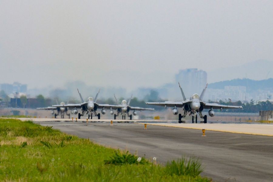 U.S. Marine Corps F/A-18 Hornet combat aircraft of the U.S. Marine Corps prepare for takeoff during the Freedom Flag combined air exercise with the South Korean Air Force, at an air base in the southwestern city of Gwangju, about 270 kilometers south of Seoul, on April 23, 2026, in this file photo provided by the South Korean Air Force. (Photo source: Yonhap/IANS)