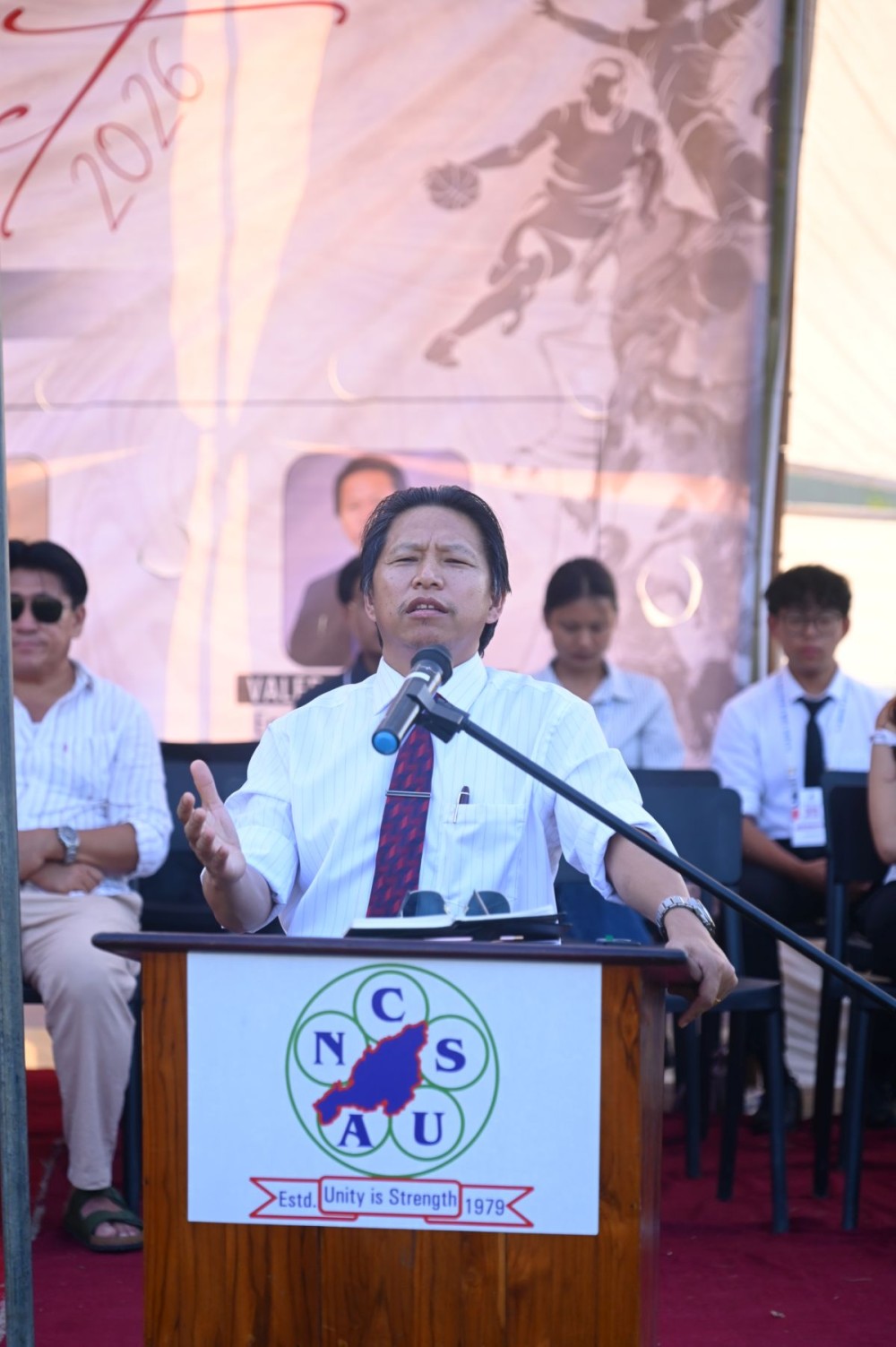MLA and Nagaland Advisor to SCERT& Food Processing, Achumbemo Kikon addresses the valedictory session of the All Nagaland College Students’ Union Collegiate Meet 2026 at Patkai Christian College (Autonomous) on October 23. (Morung Photo)