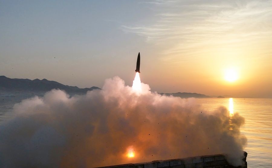 North Korea test-fires the Hwasong-11 Ra surface-to-surface tactical ballistic missile at an unspecified location on April 19, 2026, to verify the characteristics and power of a cluster bomb warhead and fragmentation mine warhead applied to the tactical ballistic missile, in this photo released by the North's official Korean Central News Agency the next day. Leader Kim Jong-un observed the test and expressed satisfaction with the performance of the missile's warhead capability, the KCNA said a day after South Korea's military detected multiple short-range ballistic missiles launched toward the East Sea at around 6:10 a.m. from North Korea's Sinpho area. (Yonhap via IANS)