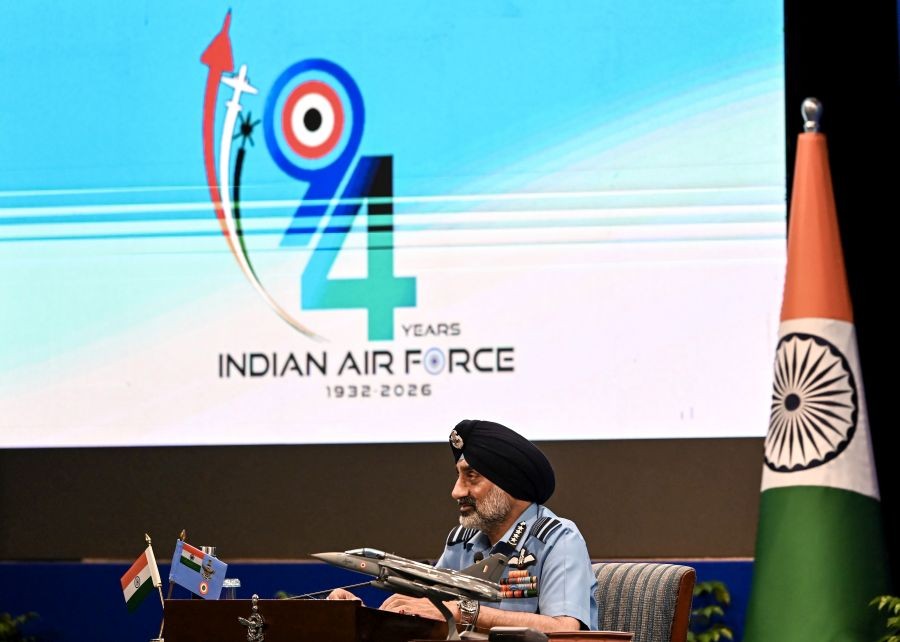 Chief of the Air Staff Air Chief Marshal Amar Preet Singh during a press conference at the Air Force Auditorium in New Delhi on October 3, 2026. (Photo: IANS/Deepak Kumar)