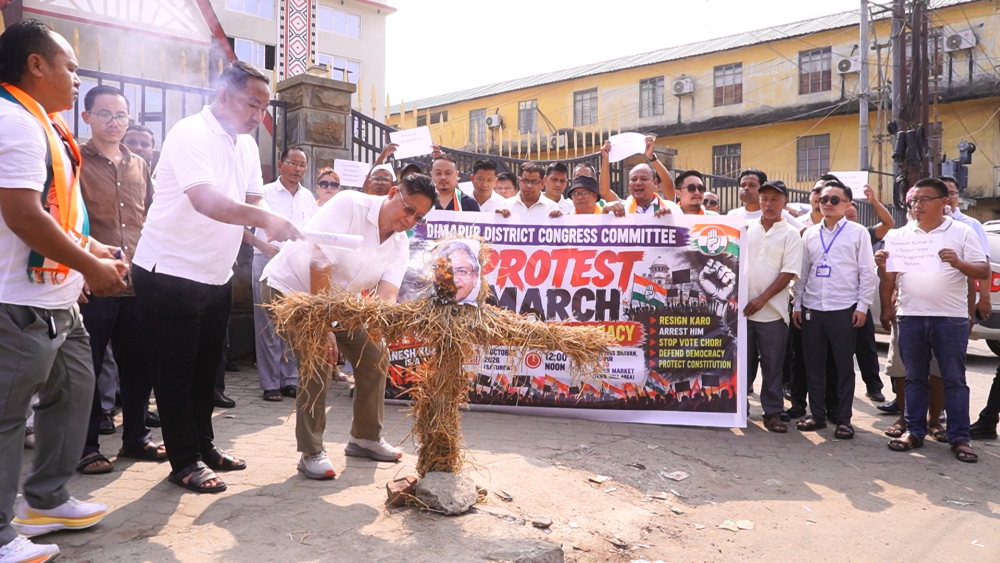 Dimapur District Congress Committee, led by NPCC Working President C Apok Jamir, burning an image on October 3 in Dimapur, as a part of the country-wide ‘Protest March to Save Democracy’ agitation by the opposition INDIA bloc. (Morung Photo)