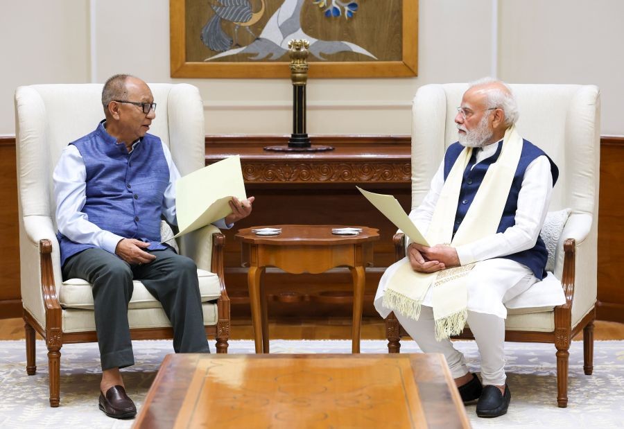 Manipur Chief Minister Yumnam Khemchand Singh meets Prime Minister Narendra Modi in New Delhi on October 10, 2026. (Photo: IANS/X/@PMOIndia)